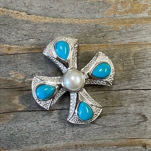 Turquoise & Pearl Sterling Silver Cross Pendant/Enhancer